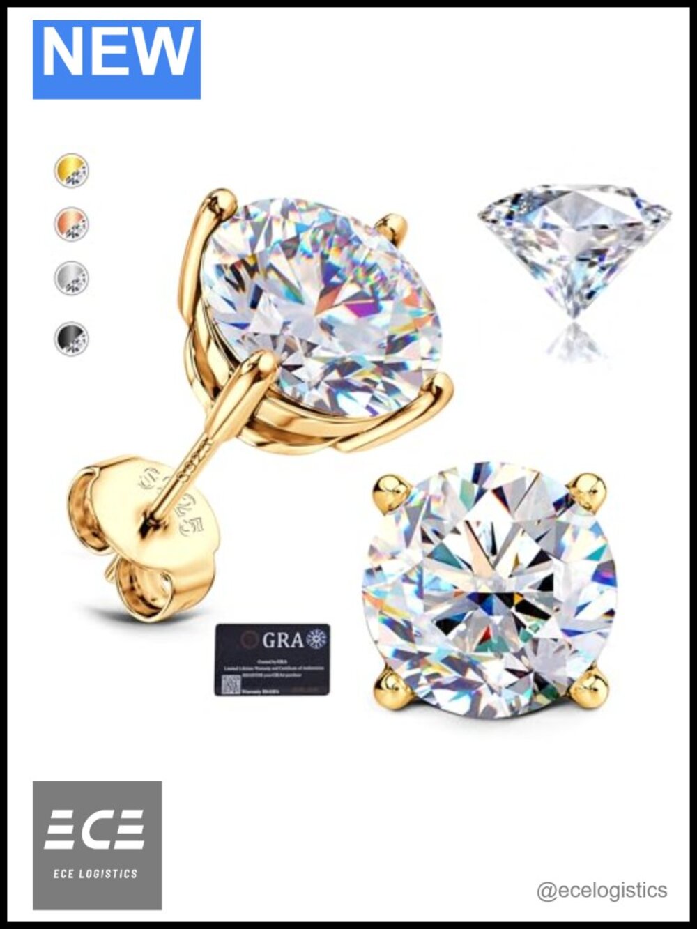 Moissanite Stud Earrings 18k Gold Plated 925 Sterling Silver Hypoallergenic